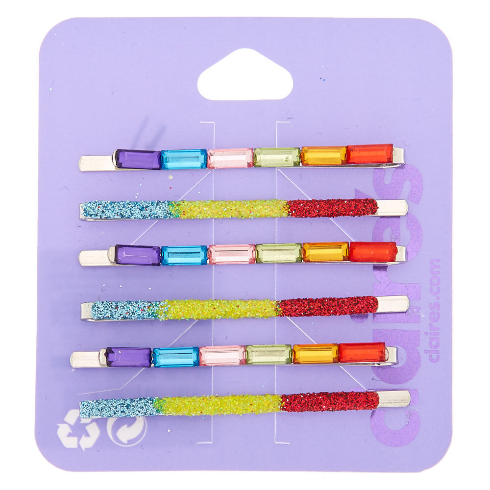 Rainbow Glitter Stone Hair Barrettes - 6 Pack,