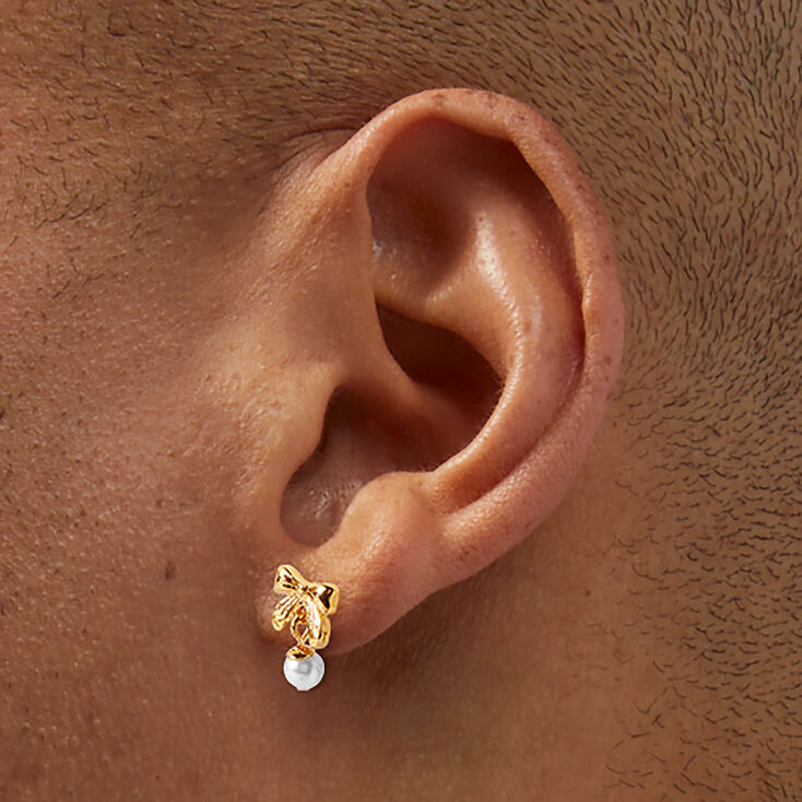 C LUXE by Claire&#39;s 18k Gold Plated Bow Pearl Drop Earrings,