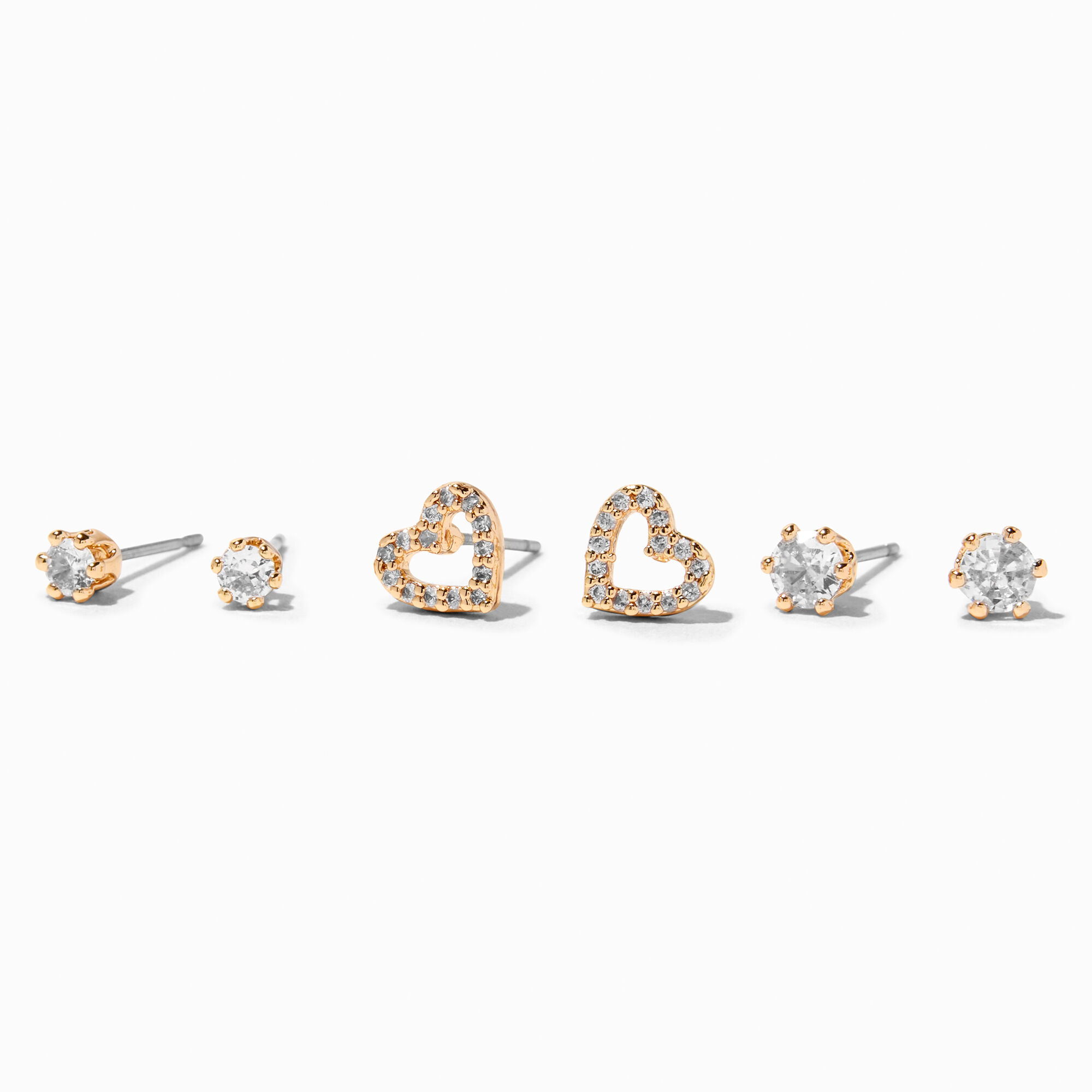 Gold Cubic Zirconia Heart & Stud Earrings - 3 Pack,