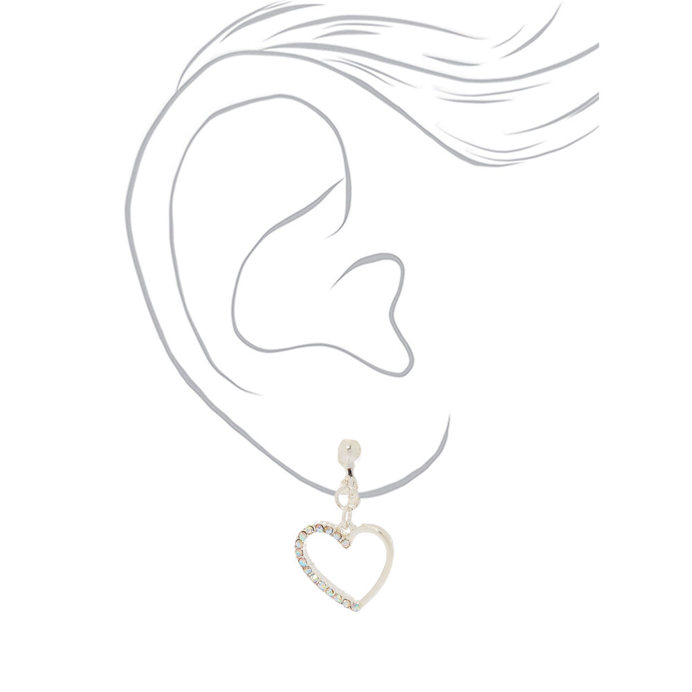 Silver 1" Heart Clip-On Drop Earrings,