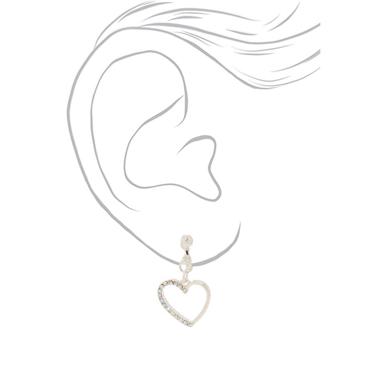 Silver 1&quot; Heart Clip On Drop Earrings,