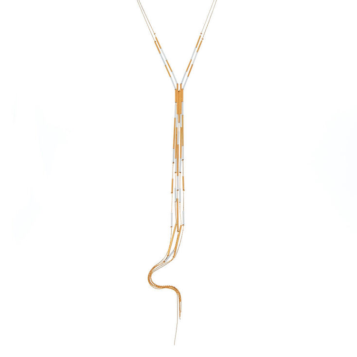 Gold Bar Long Multi Strand Necklace - White,