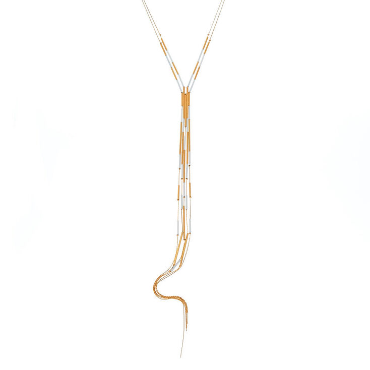 Claire's Collier long multi-rangs blanc avec barre couleur doré