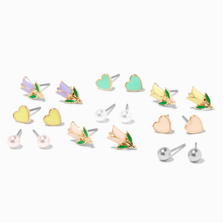 Pastel Tulip &amp; Hearts Stud Earrings &#40;9 Pack&#41;,