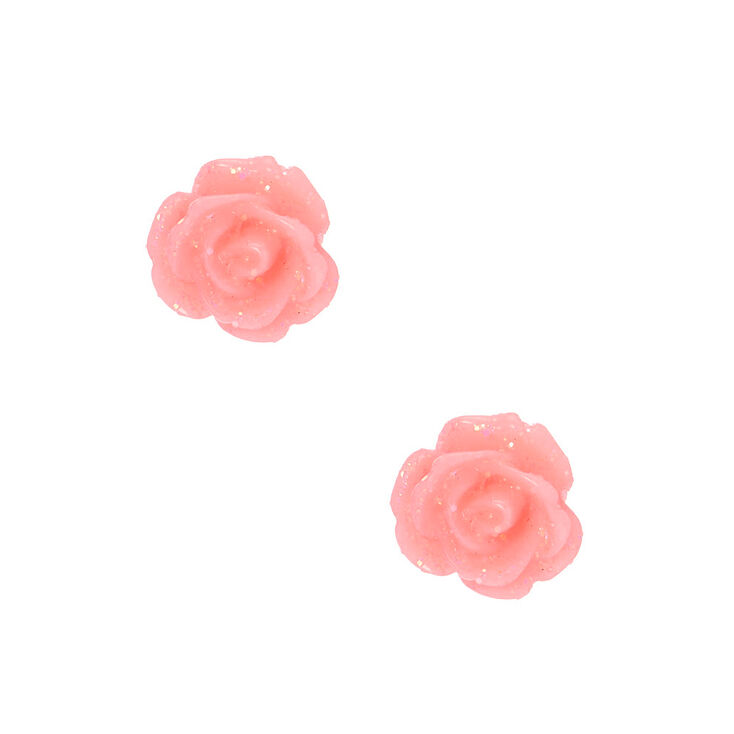 Sterling Silver Glitter Rose Stud Earrings - Pink,