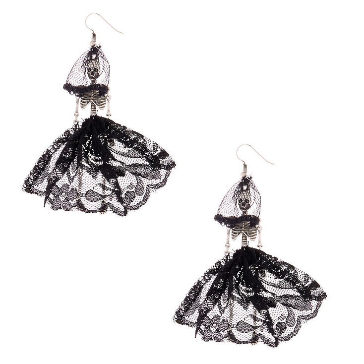 Silver 3&quot; Day of the Dead Skeleton Drop Earrings,