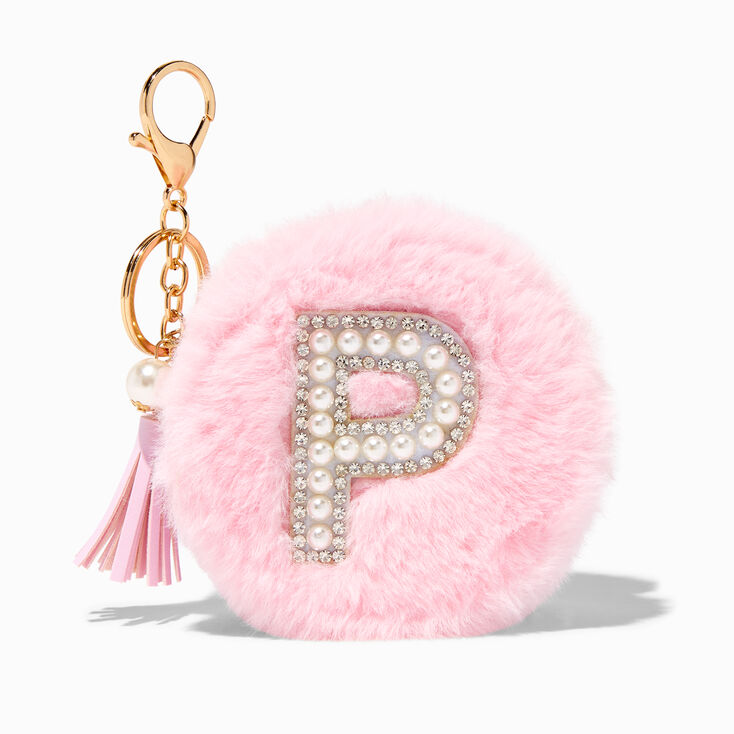 Pink Furry Pearl Initial Coin Purse Keychain - P,
