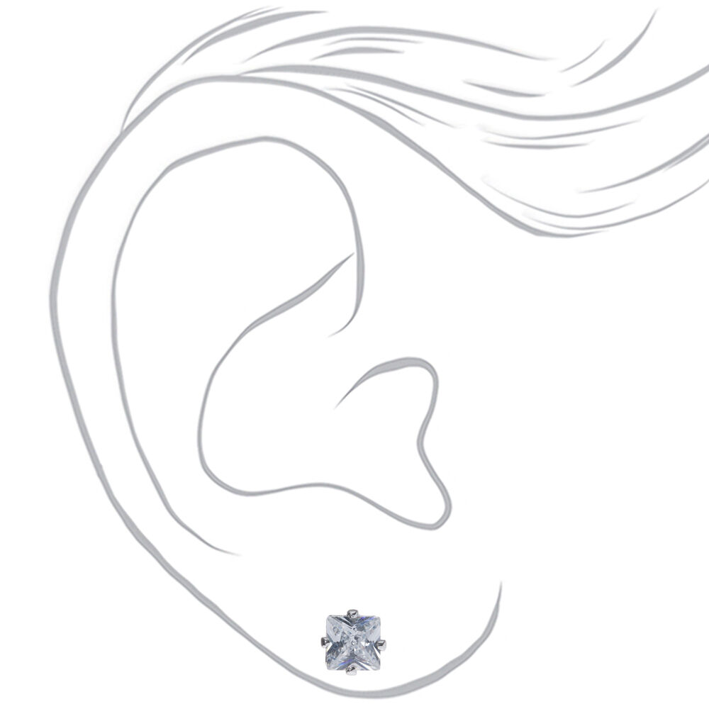 Silver Cubic Zirconia Square Magnetic Stud Earrings - 5MM,