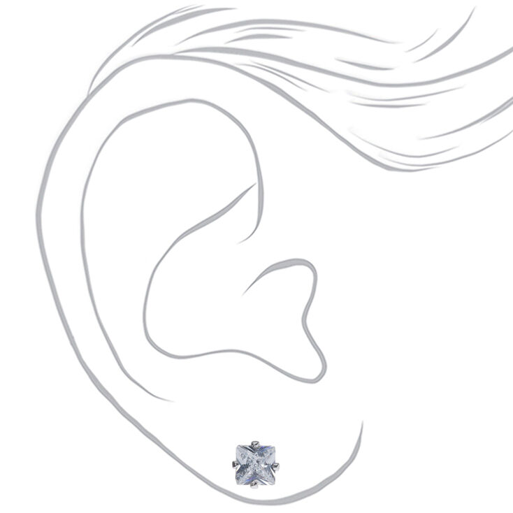 Silver Cubic Zirconia Square Magnetic Stud Earrings - 5MM,