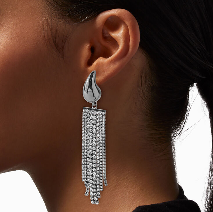 Hematite Crystal Teardrop Tassel Statement Earrings,