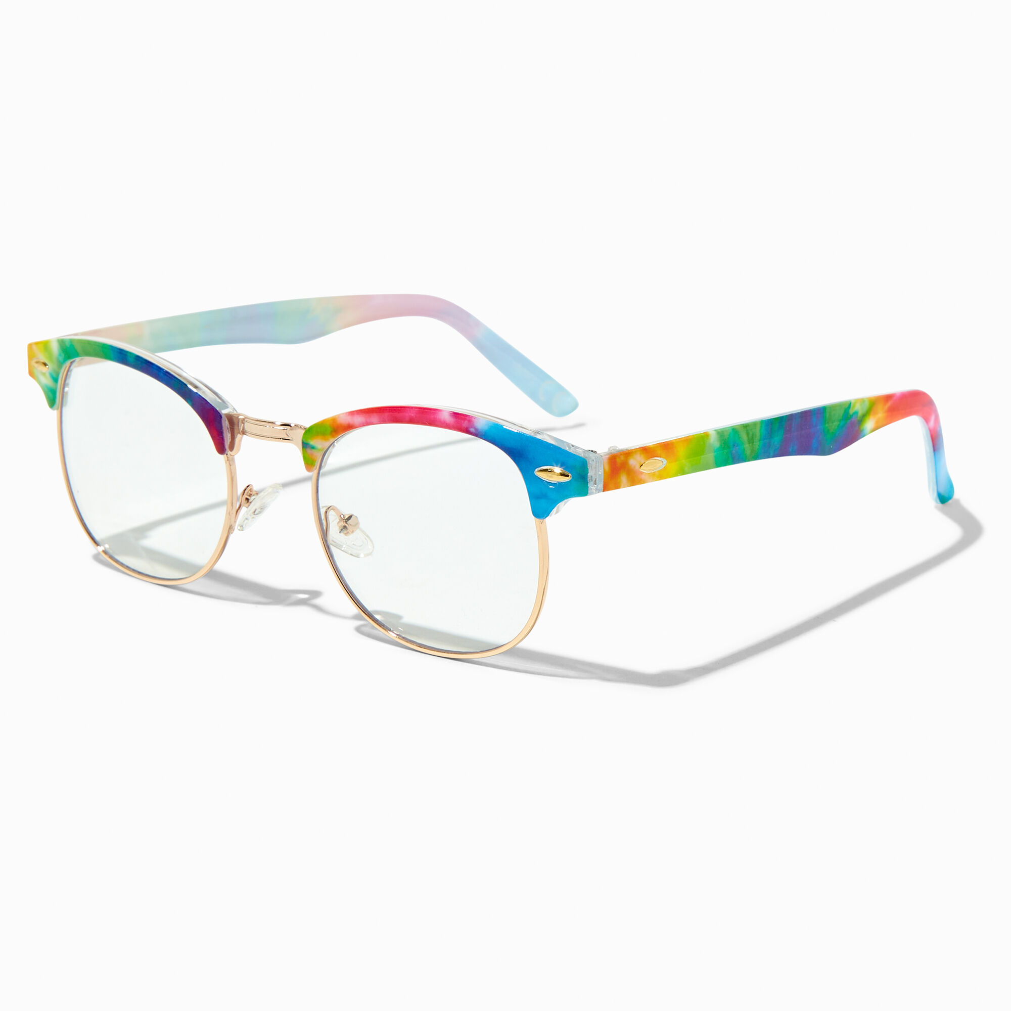 View Claires Rainbow Tie Dye Round Clear Lens Frames Gold information