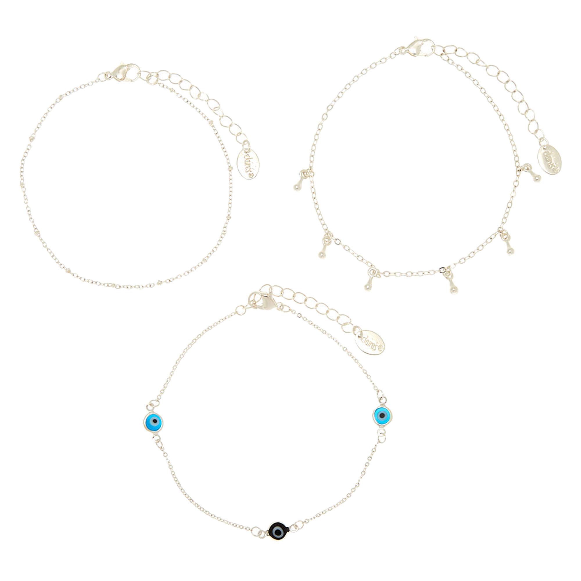 View Claires Tone Evil Eye Anklets Turquoise 3 Pack Silver information