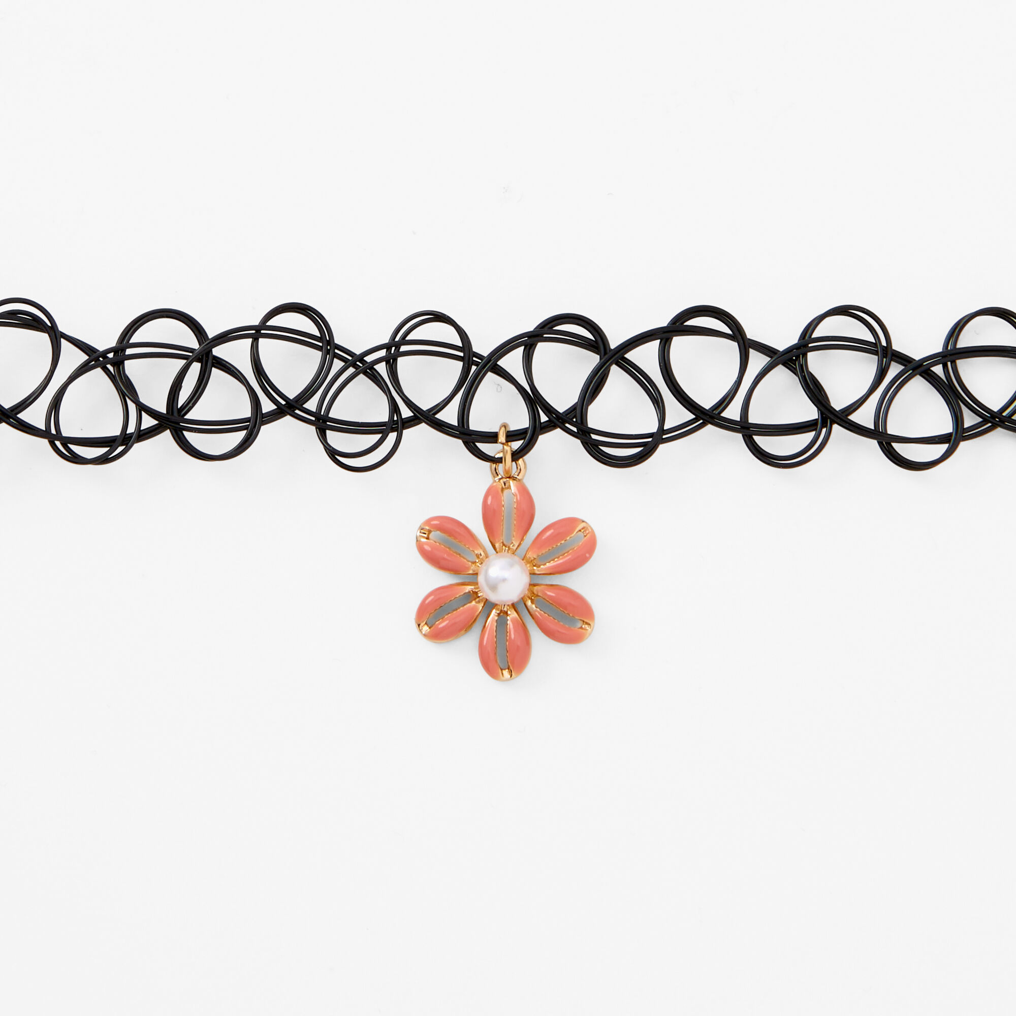 Pink Daisy Charm Black Tattoo Choker Necklace,