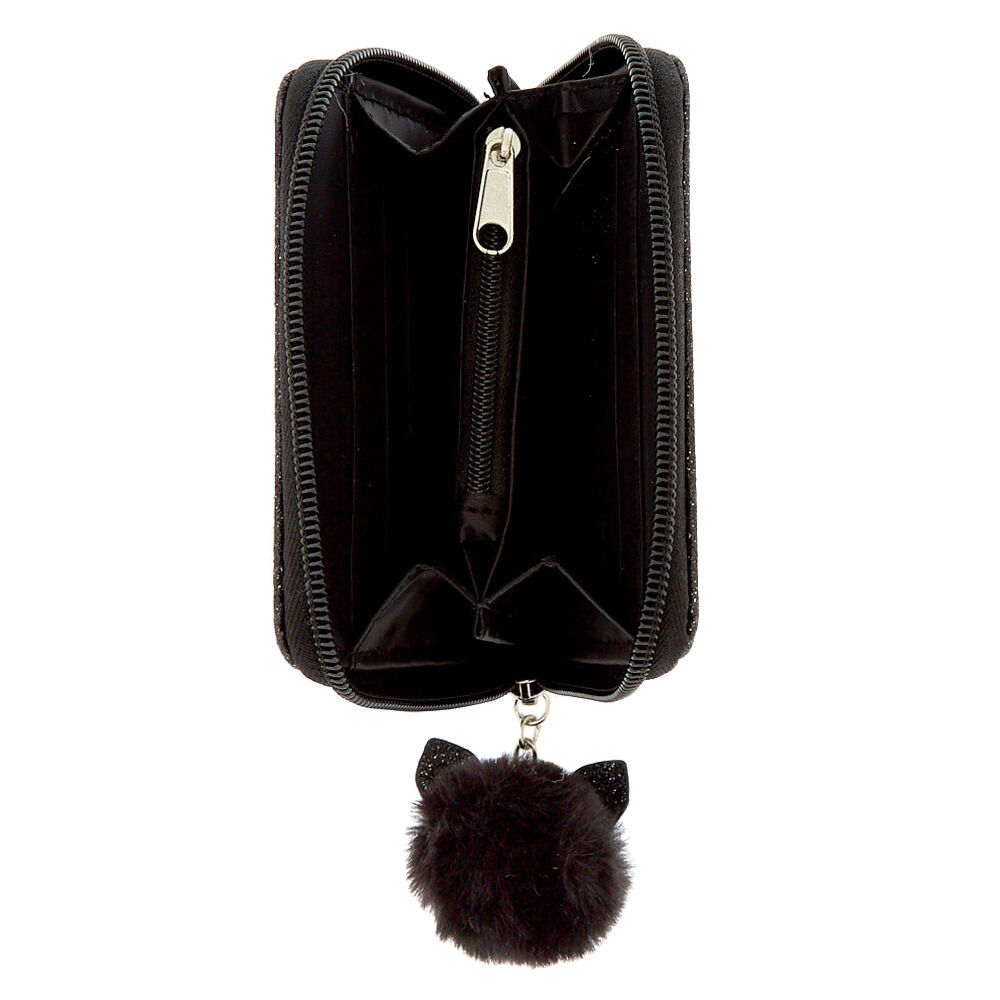 Glitter Cat Small Zip Wallet - Black,