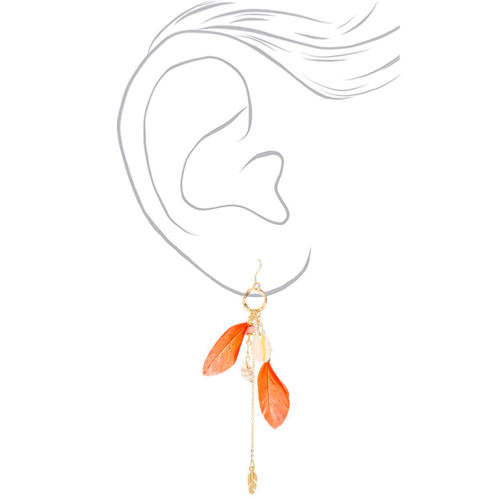 Gold 4.5" Shell Feather Drop Earrings - Coral,