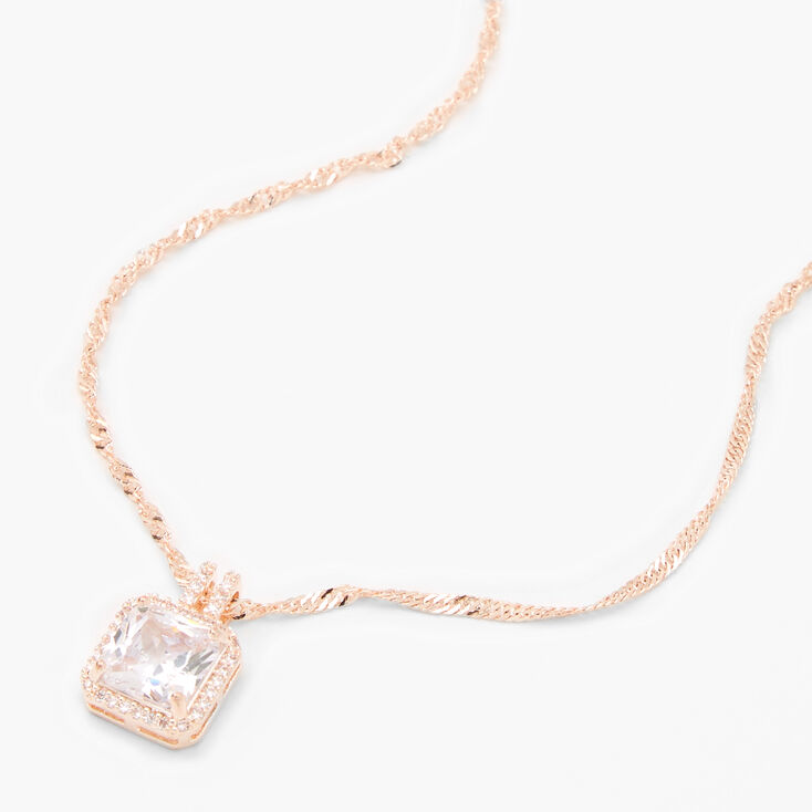 Rose Gold-tone Cubic Zirconia Square Halo Pendant Necklace,