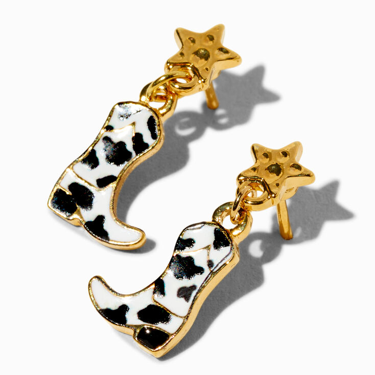 18K Gold Plated Cow Print Cowgirl Boot Drop Earrings,