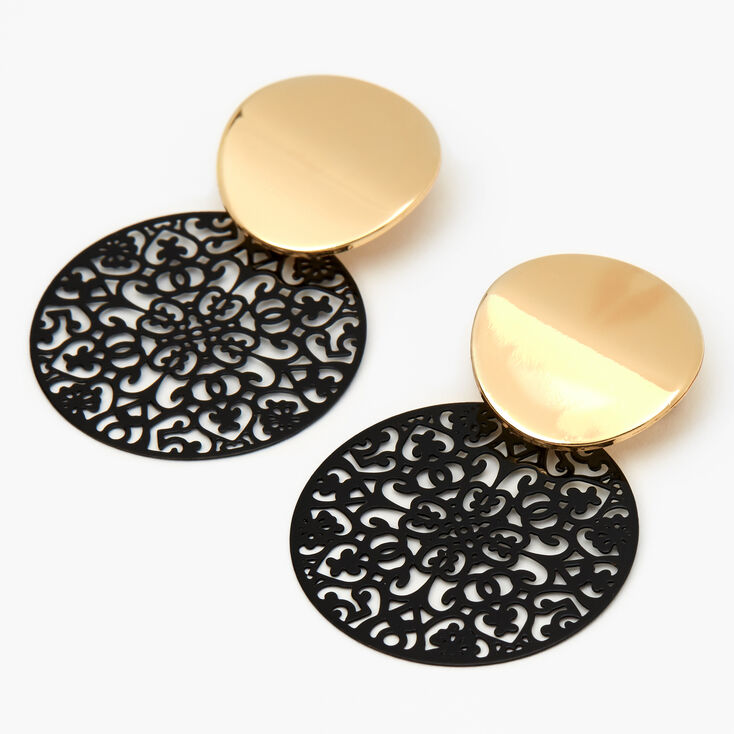 Gold 1.5&quot; Filigree Drop Earrings - Black,