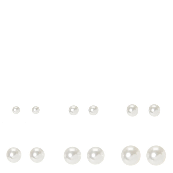 Pearl Graduated Stud Earrings - White, 6 Pack,