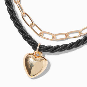 Gold-tone Chain &amp; Black Rope Heart Charm Bracelet,