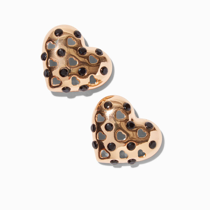Clous d&#39;oreilles c&oelig;ur en strass noir couleur dor&eacute;e,