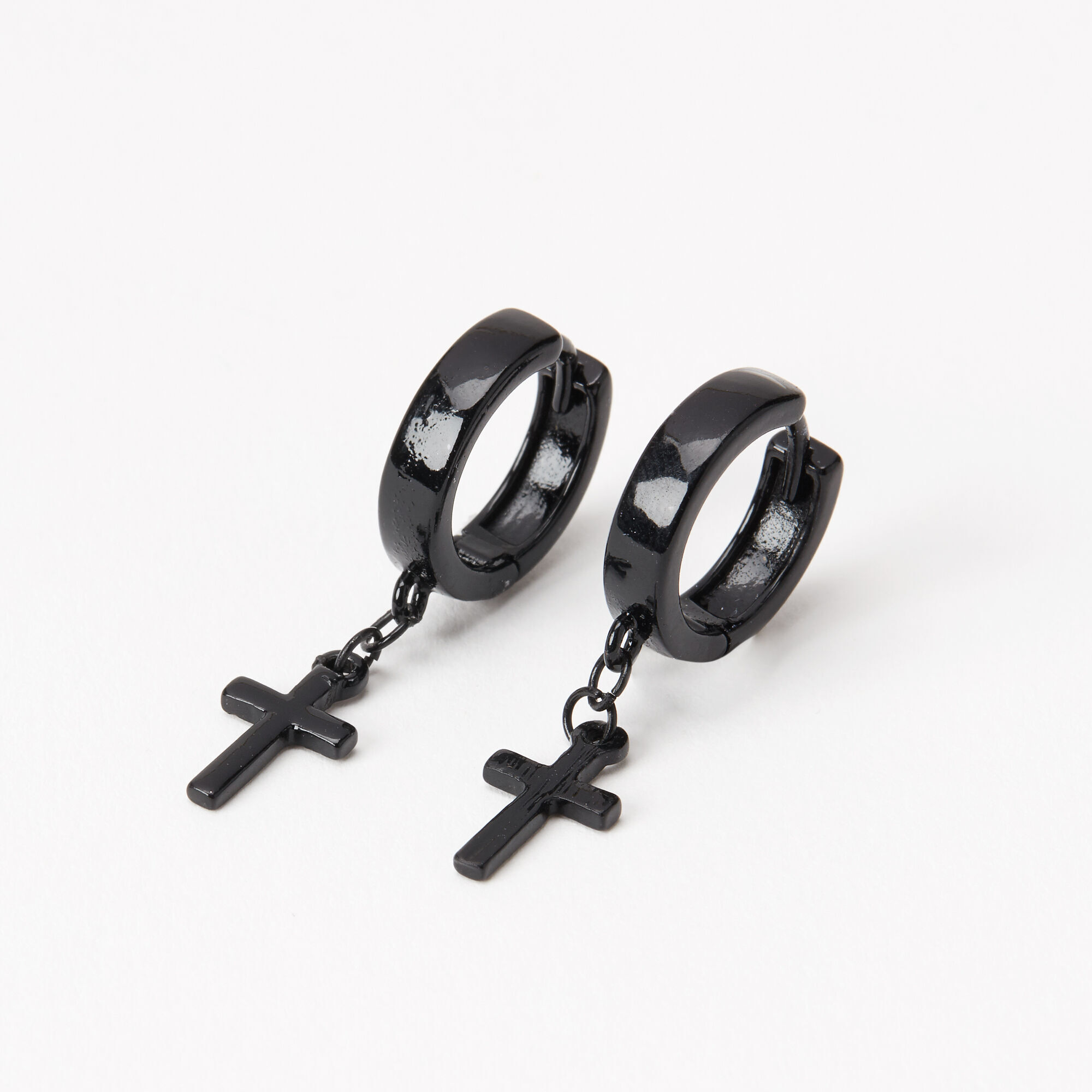 View Claires 15MM Cross Huggie Hoop Earrings Black information