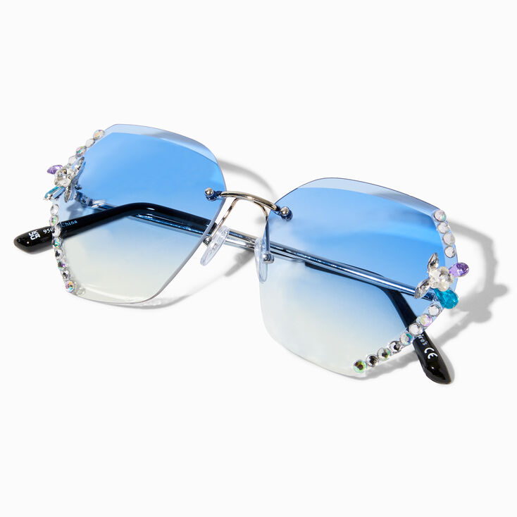 Blue Octagon Embellished Frame Sunglasses,