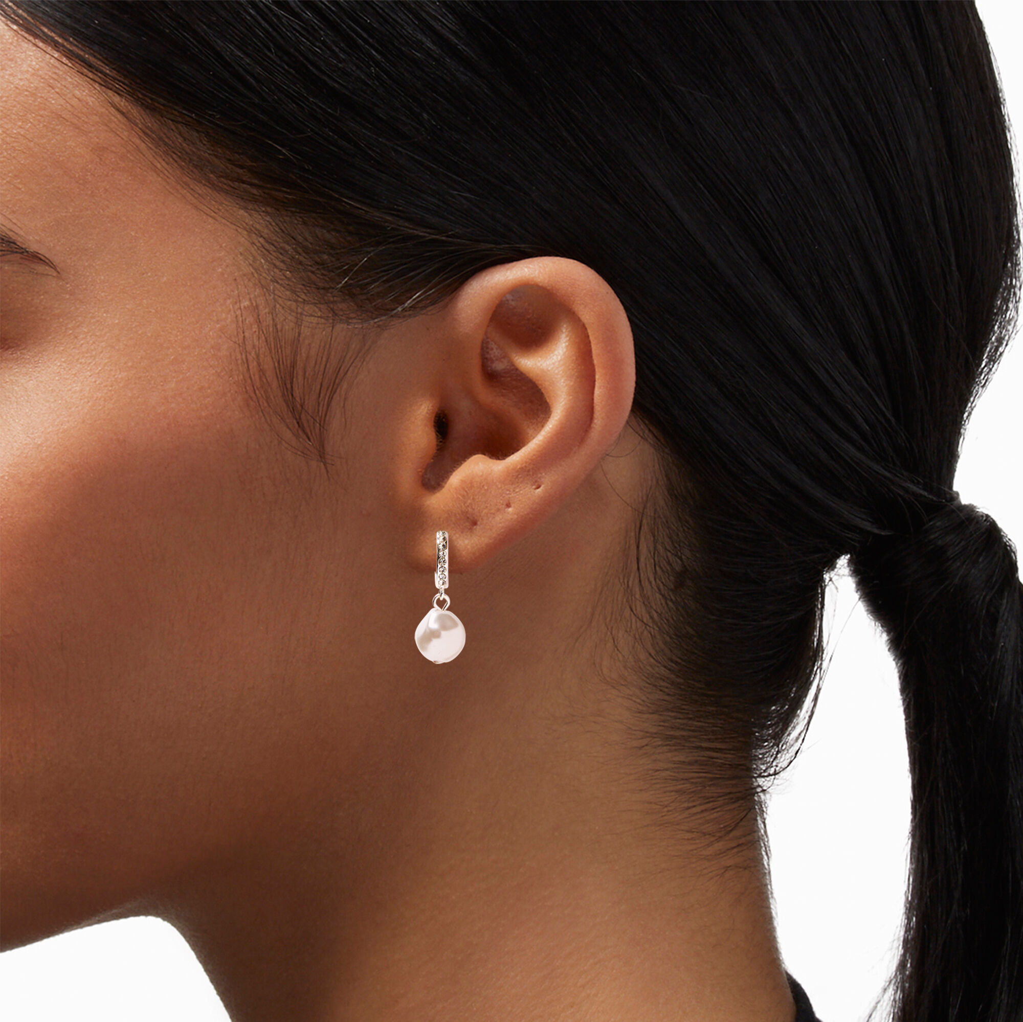 Silver 10MM Pearl Huggie Hoop Earrings,