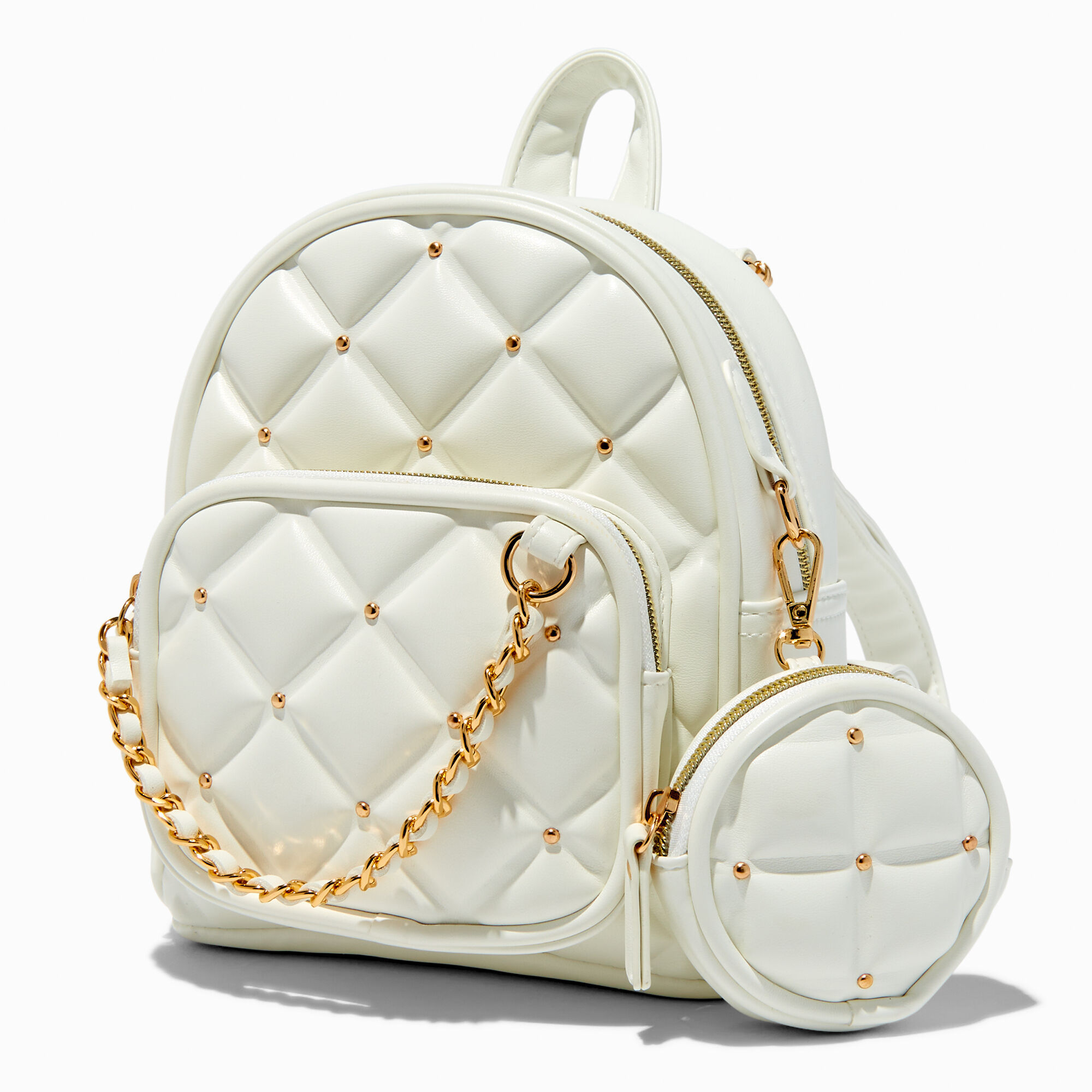 View Claires GoldTone Studded Quilted Small Backpack White information