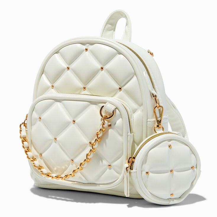 Gold-tone Studded White Quilted Small Backpack