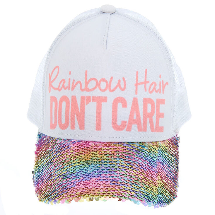 Rainbow Hair Don&#39;t Care Reversible Sequin Baseball Cap,