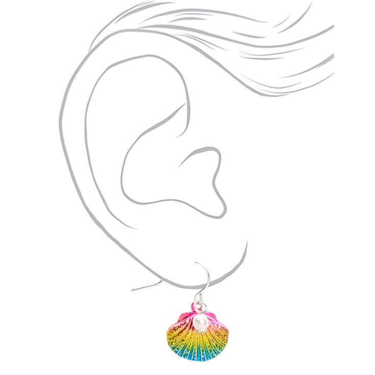 Silver 1&quot; Anodised Rainbow Seashell Pearl Drop Earrings,