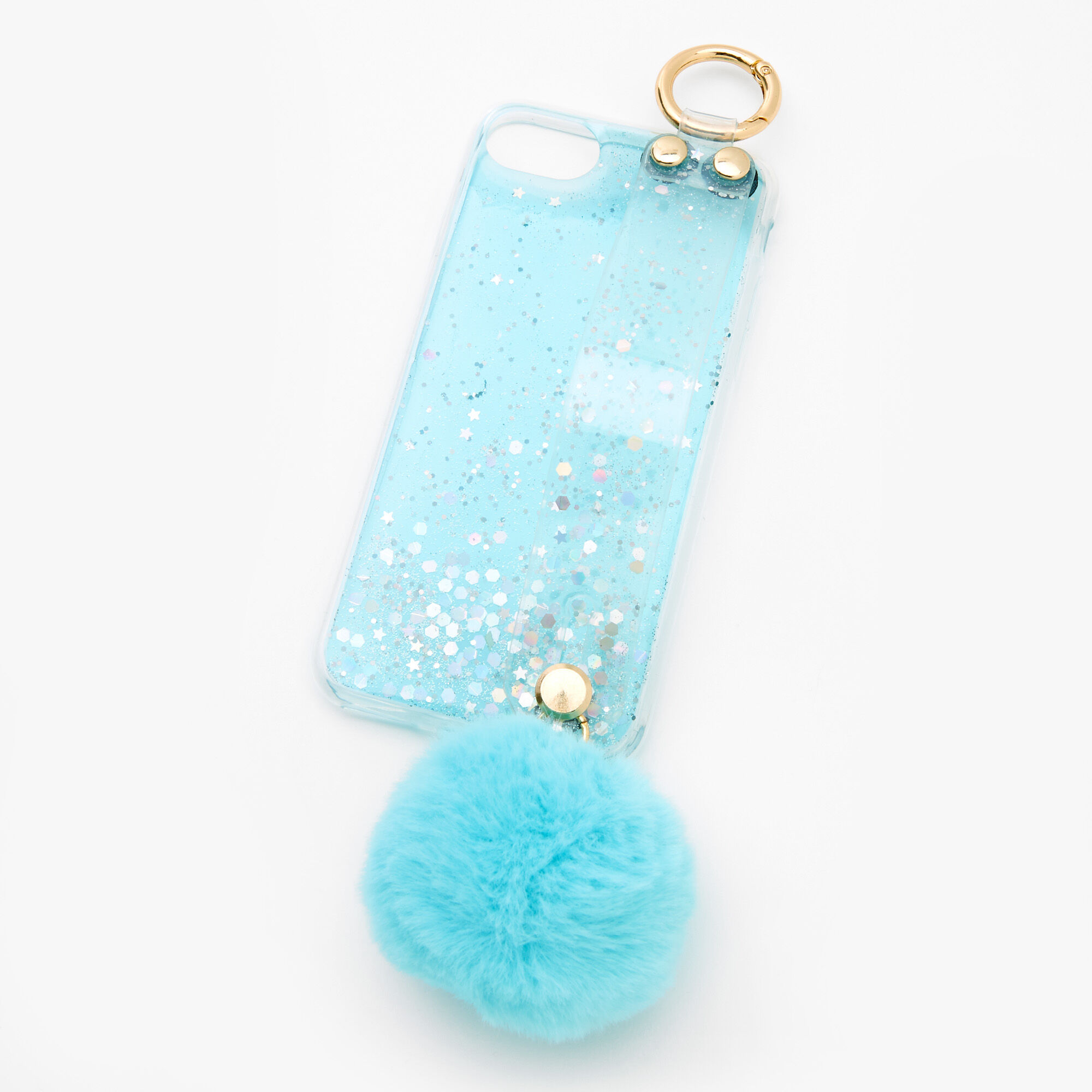 Coque de portable pompon bleu clair à paillettes - Compatible avec iPhone 6/7/8/SE