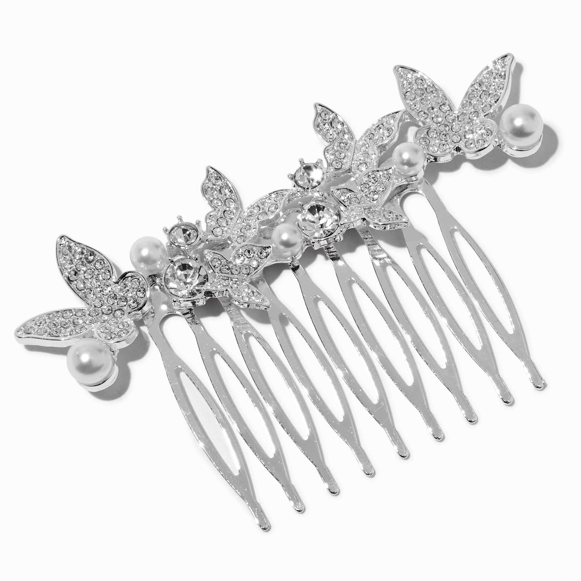 View Claires Crystal Butterfly Pearl Hair Comb Silver information