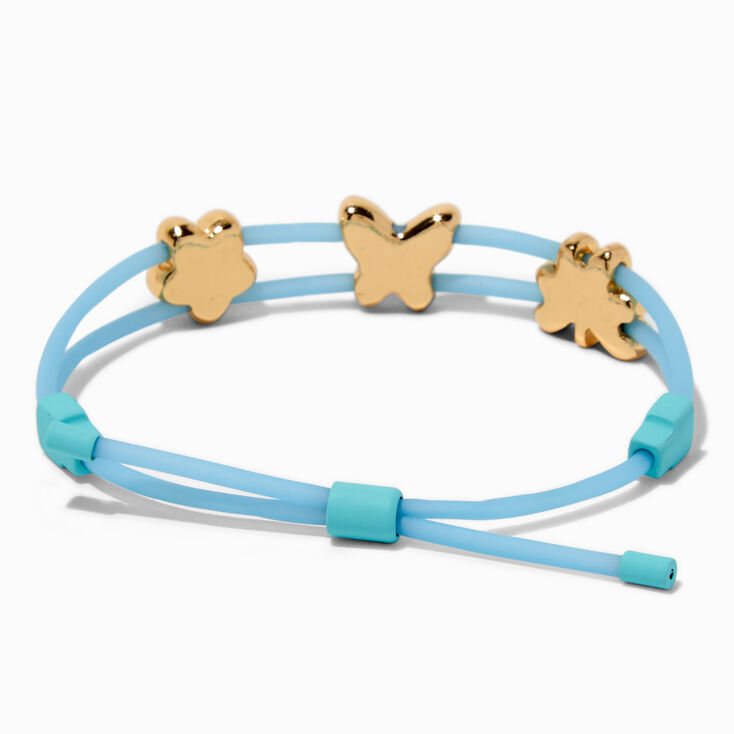 Gold-tone Clover, Flower &amp; Butterfly Charm Blue Bolo Bracelet,