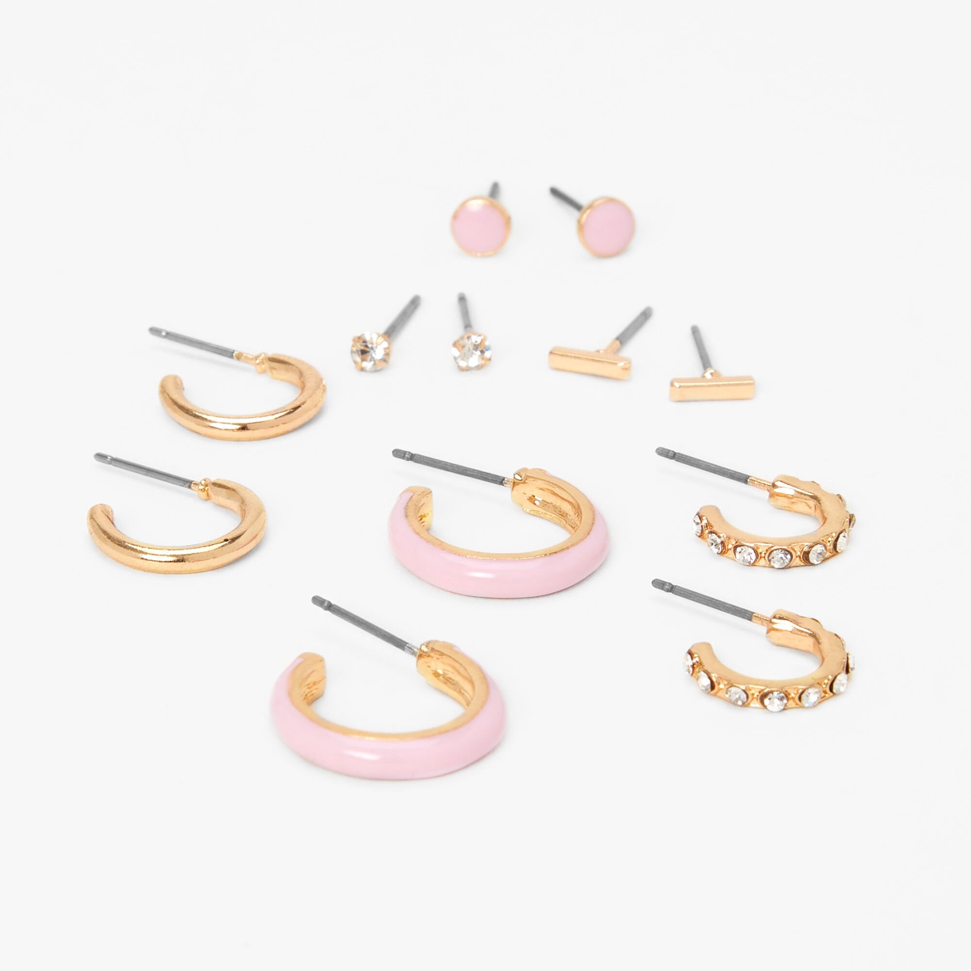 View Claires GoldTone Earrings Set 6 Pack Pink information