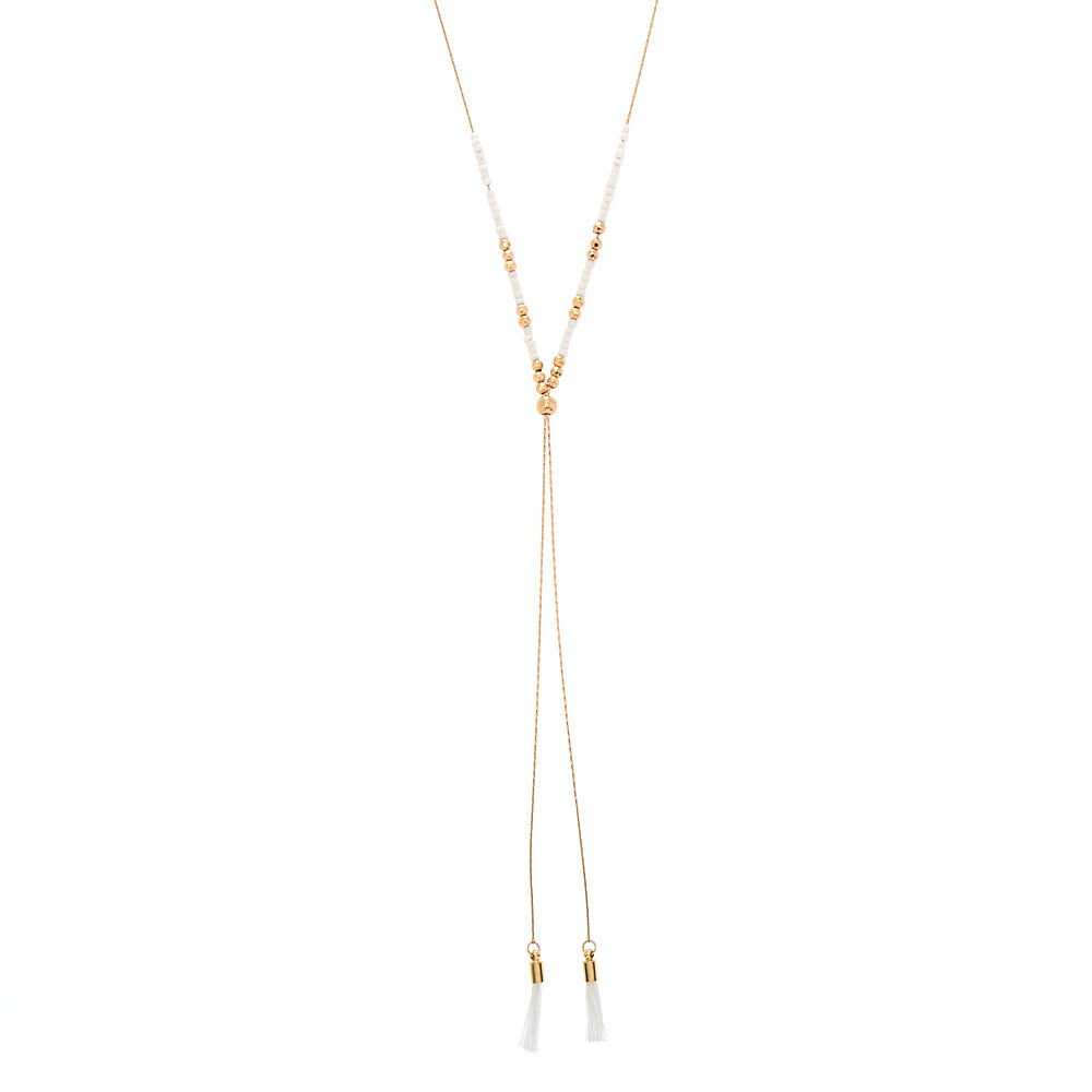 Gold Beaded Long Tassel Pendant Necklace - White,