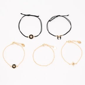 Gold-tone Chain &amp; Black Enamel Bracelet Set - 5 Pack,