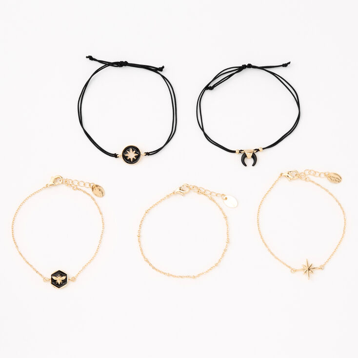 Gold-tone Chain &amp; Black Enamel Bracelet Set - 5 Pack,