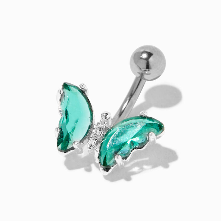 Silver 14G Teal Butterfly Belly Bar,