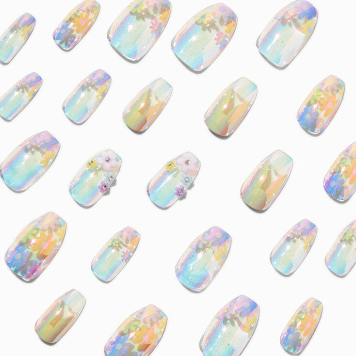 Iridescent Pastel Flowers Squareletto Press On Faux Nail Set - 24 Pack