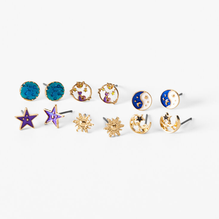 Gold Celestial Stud Earrings - 6 Pack,