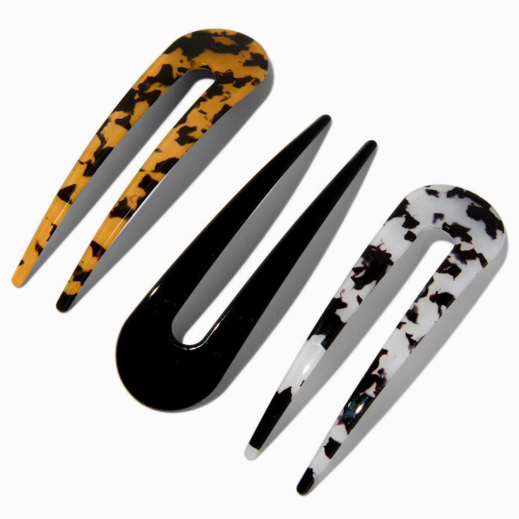 Black &amp; Tortoiseshell U-Shaped Hair Pins - 3 Pack,