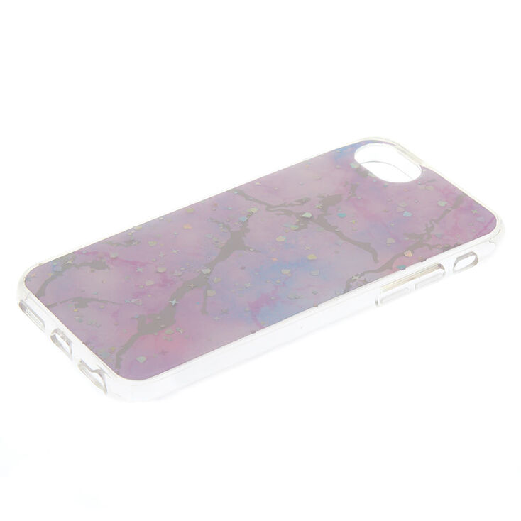 Coque de portable couleur lilas pastel et holographique effet marbr&eacute;,