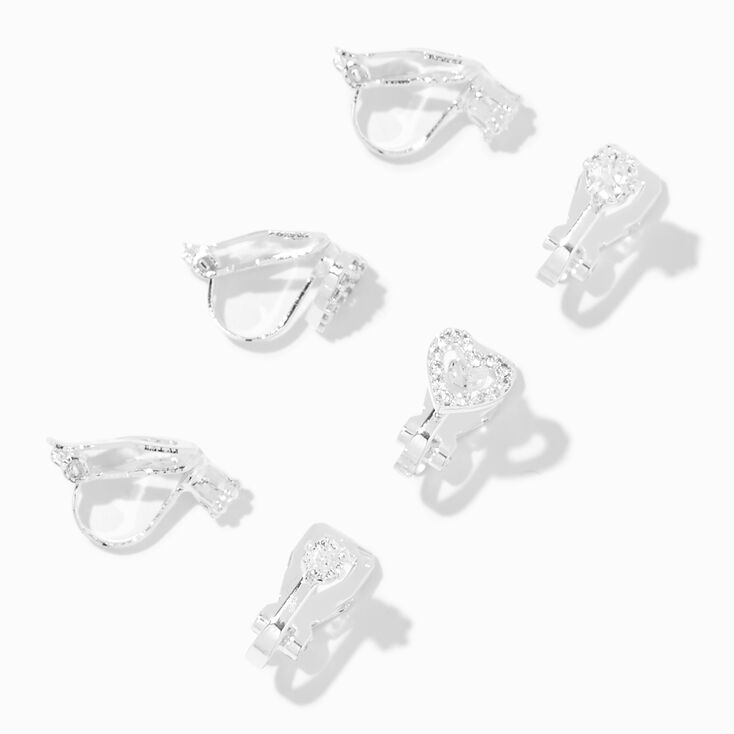 Silver-tone Cubic Zirconia Heart Clip-On Earrings - 3 Pack,