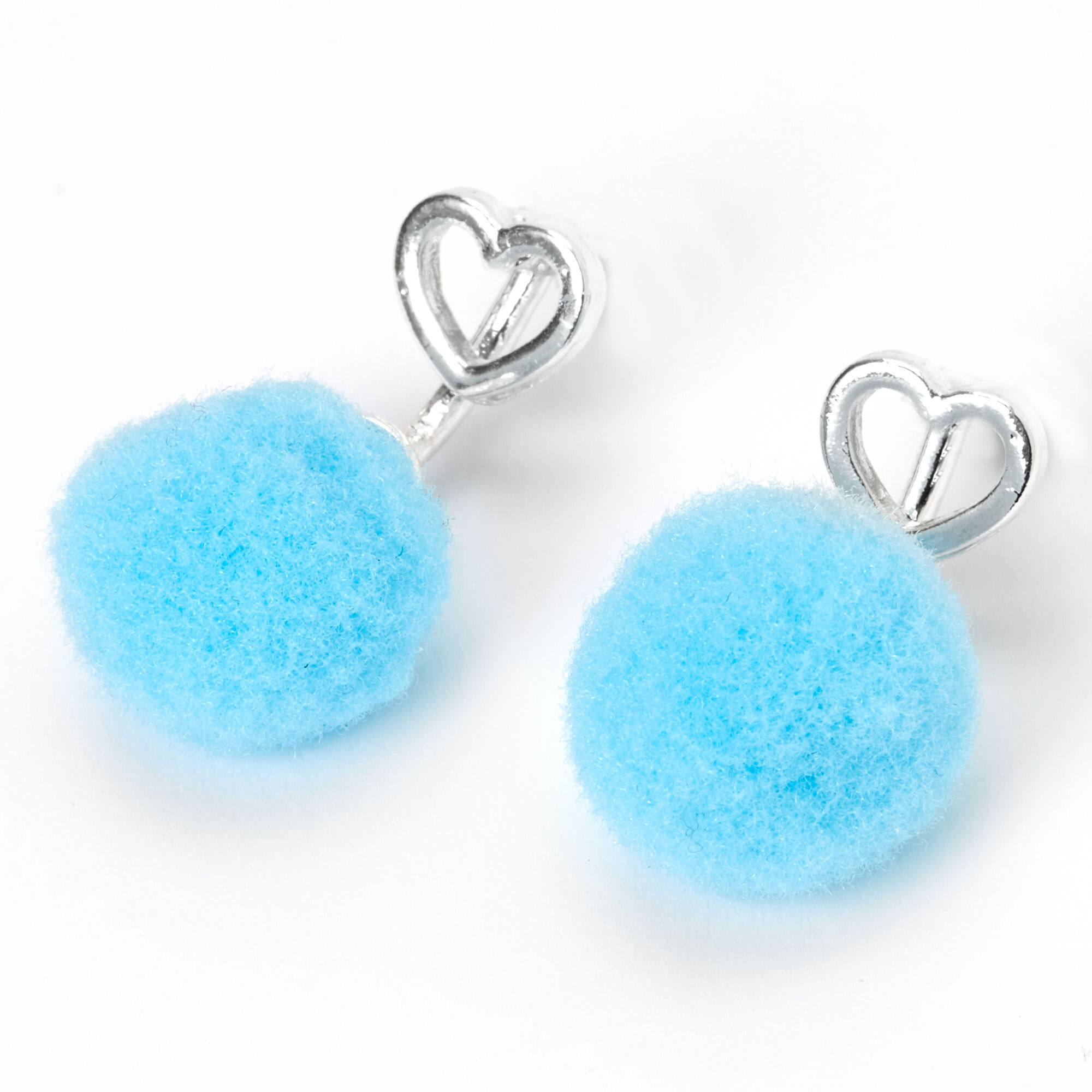 Bijoux d'oreilles cœur pompon couleur argentée - Bleu sarcelle,