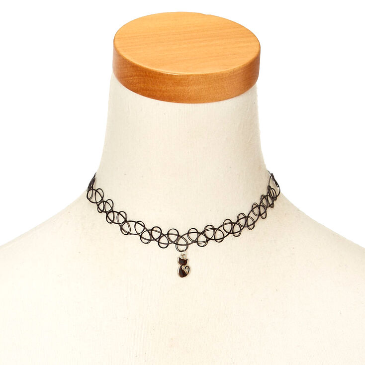 Claire's Ras-du-cou effet tatouage avec pendentif d’humeur félin - Noir