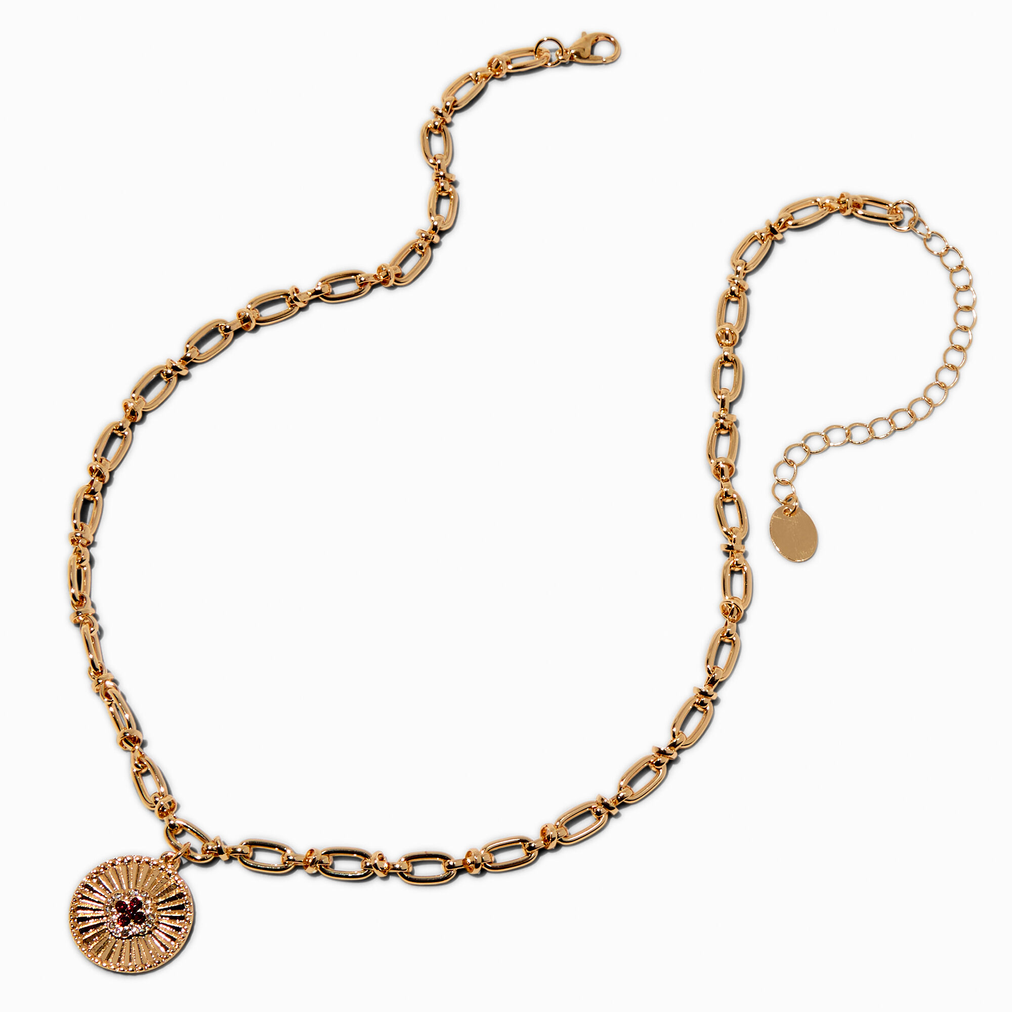 Gold-tone Medallion & Burgundy Stone Chainlink Pendant Necklace,