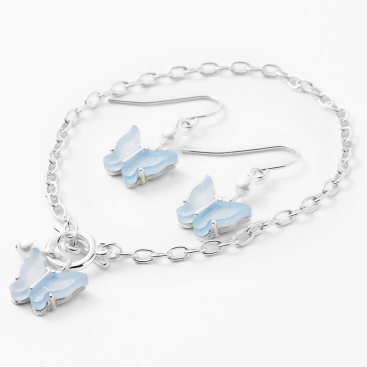 Silver Light Blue Butterfly Pendant Necklace, Bracelet, &amp; Earrings Set - 3 Pack,