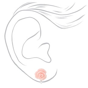 Silver Glitter Rose Clip On Stud Earrings - Pink,